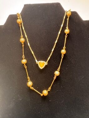 2 pcs Gold Tone Necklace Set Layered Beaded Chain Orange Stone Pendant Fashion